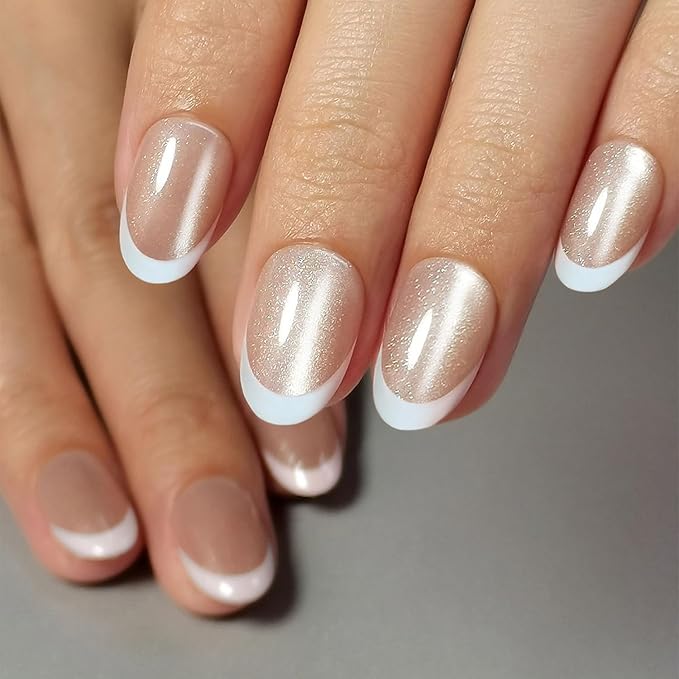 30 Pcs Cats Eyes Soft Gel Press on Nails White French Tip Fake Nails Short Almond Shaped False Nails Glitter Designs Full Cover Acrylic Nails with Glue Thickened Stick on Nails for Women Nail Art