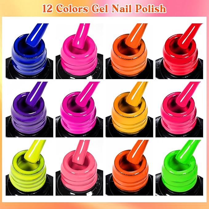 MEET ACROSS 12pcs Gel Nail Polish Set,Soak Off UV LED Lamp Gel Nail Polish Kit,Fashion Shimmer Nail Art Design Gifts for Women Manicure Salon (Neon-1)