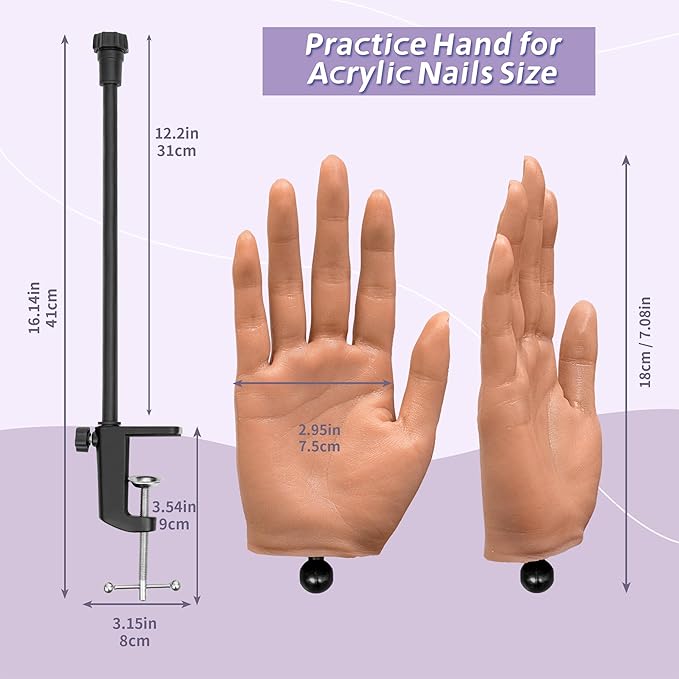 Practice Hand for Acrylic Nails,Realistic Silicone Mannequin Hand with Flexible Fingers for Acrylic Nails, Gel Polish Training, Complete Nail Art Beginner Set with Brush & File