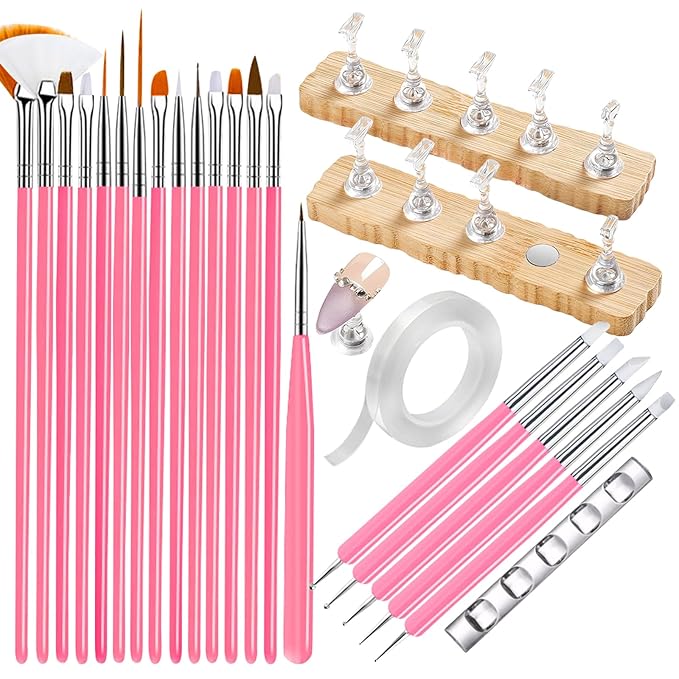 Nail Stand For Press On With Nail Art Brushes Nail Holder For Painting Practice Display Presson Nails Nail Art tools Set with Nail Dotting 3D Sculpting tools, Practice Kit Tech
