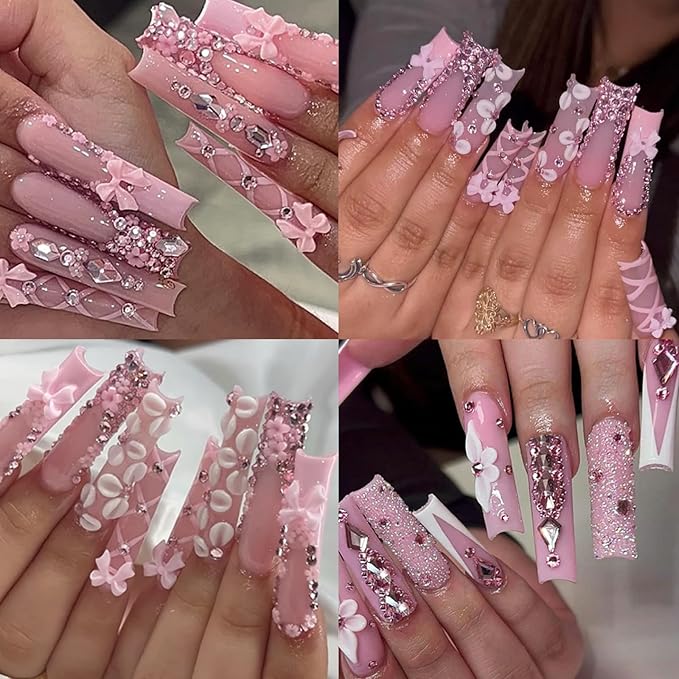 14 Types of 700 Pink Diamonds + 1500 Flat Rhinestones Mix 20 Styles Flatback DIY Crafts Rhinestone Crystals 3D Ornament‌s Flat Back Stones Set + Tweezers + Drill Pen