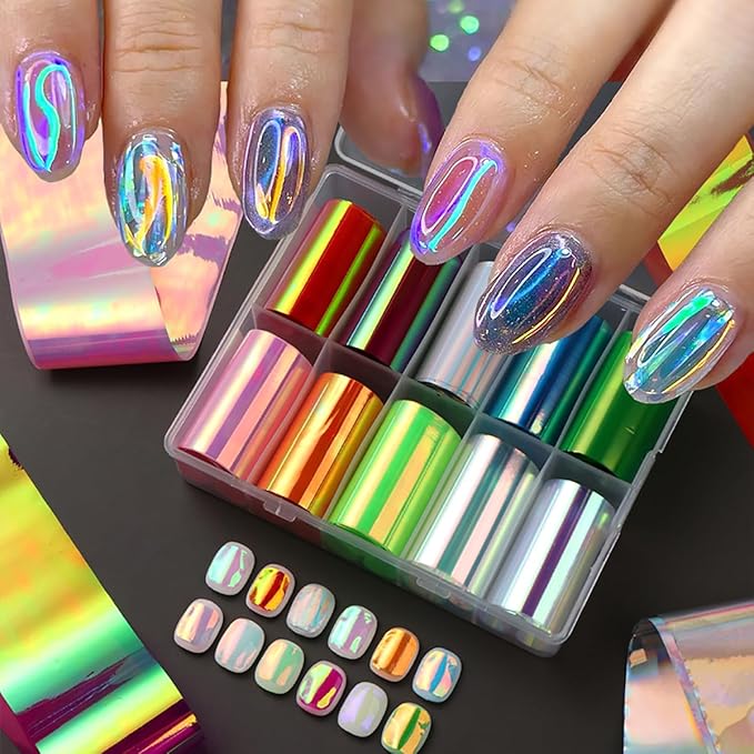 10 Rolls Aurora Nail Foil for Nail Art 3D Holographic Colorful Nail Foils Transfer Nail Transfer Foil Transparent Broken Glass Nail Art Foil Nail Design Sticker for Women Fingernails Nail Accessories