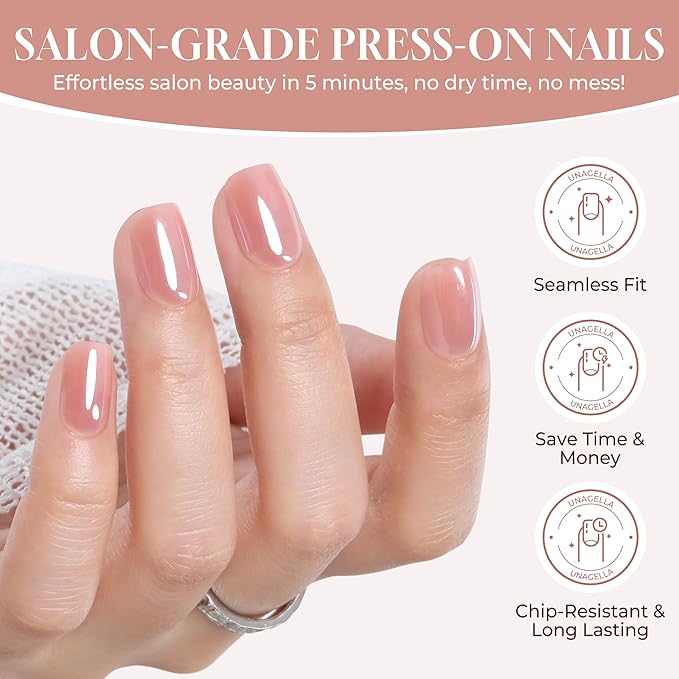 UNA GELLA Chrome Nude Press On Nails: Short Square Soft Gel Press Ons Kit with Nail Tips Glue on Nails, 16 Sizes - 32 Reusable Chrome Holographic Fake Nails Kit, Nude Pink