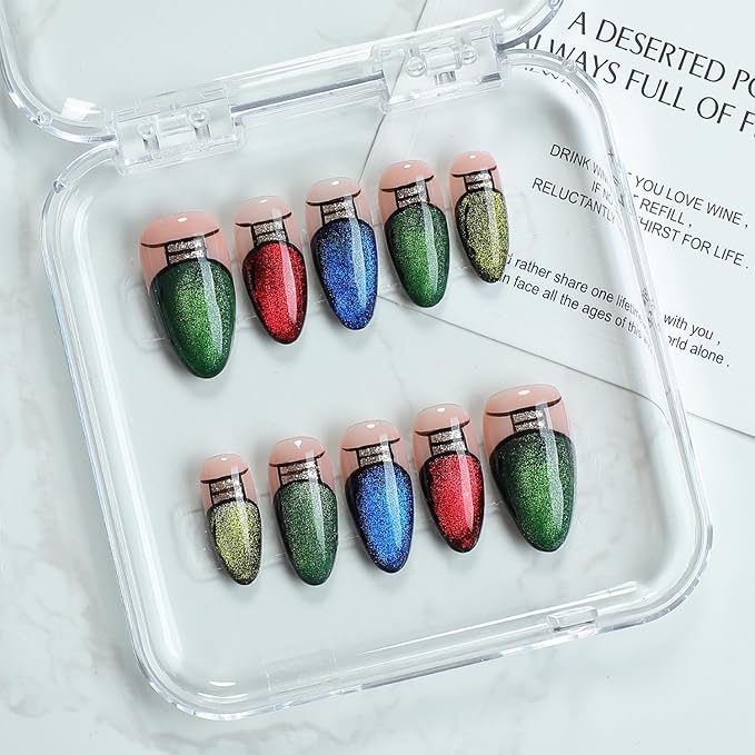 Handmade Press on Nails Luxury Glitter Christmas Lights French Tip Fake Nails Green False Nail Design Handmade Thickened Artificial Acrylic Nail Press ons Almond Nails Glue on Nail for Women（Size S）