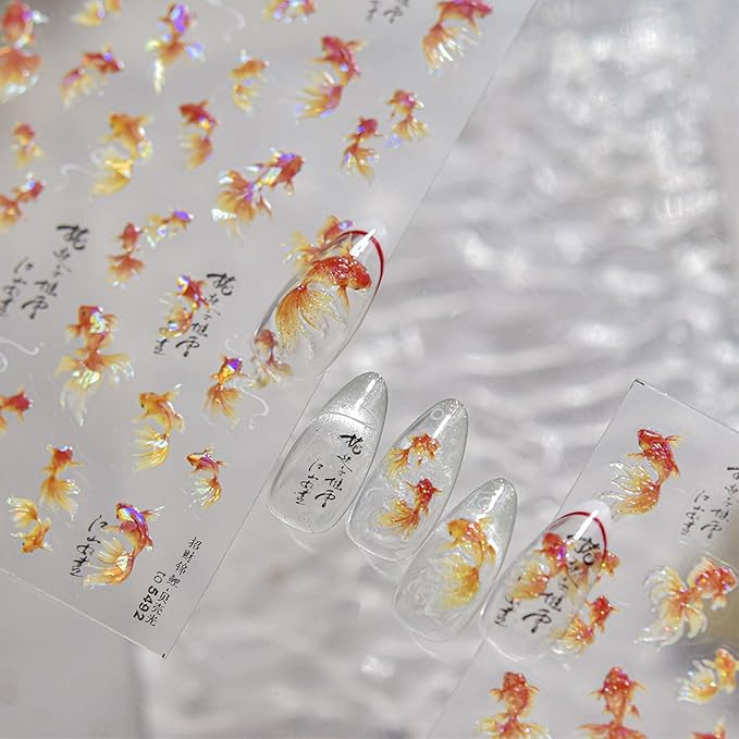 Goldfish Nail Stickers for Nail Art 5D Embossed Koi Fish Nail Art Stickers Koi Nail Decals Chinese Style Summer Nail Supplies Design for Women Girls DIY Nail Art Decorations