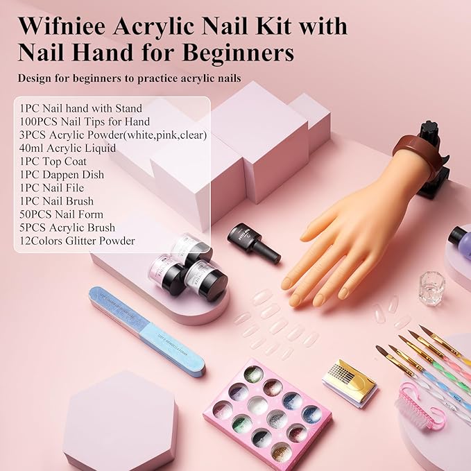 Practice Hand for Acrylic Nail: Fake Hand with Stand Nails Kit Acrylic Set - Professional Nail Mannequin Hand for Beginners Salon