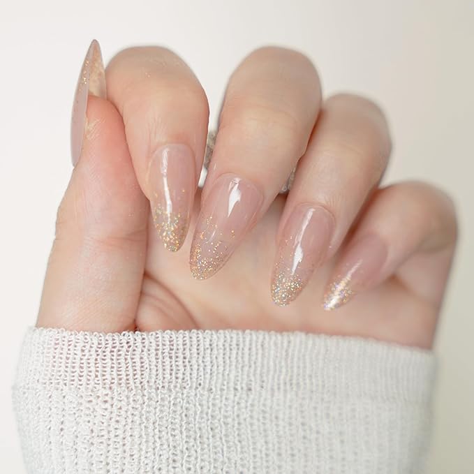 30Pcs Almond Press On Nails - Supremely Fit & Natural Soft Gel Almond Nails,15 Sizes, Reusable Fake Nails Kit with Gift Box for Women (Sparkle Nude)