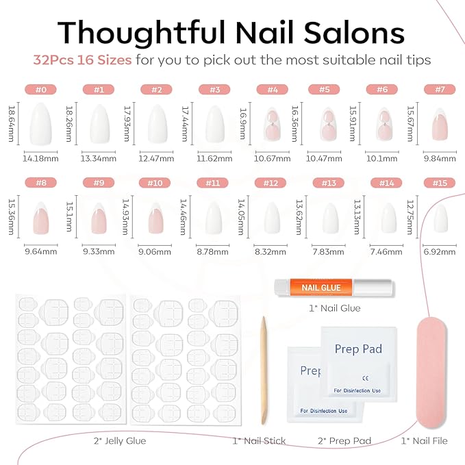 Modelones Press on Nails Tips 16 Sizes 32Pcs Almond, White French Tip Press on Nails Short Fake Nails, Reusable Nail Kit with Nail Glue Adhesive Tabs Mini Nail File, Nails Press Ons