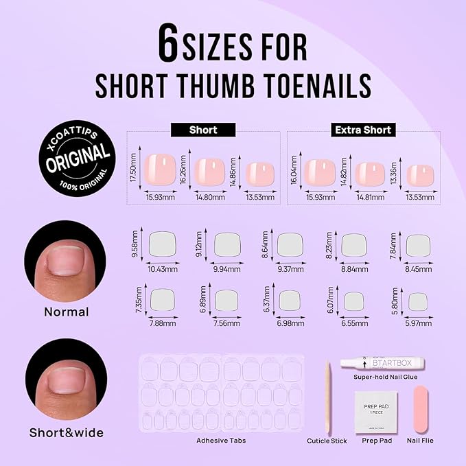 BTArtbox Chrome Press On Toenails, Pink Short Toenail Press Ons Square, Fit Perfectly Glazed Press On Toe Nails with Glue, Fake Toenails in 16 Sizes- 32 Toenails Kit, Honey Trap