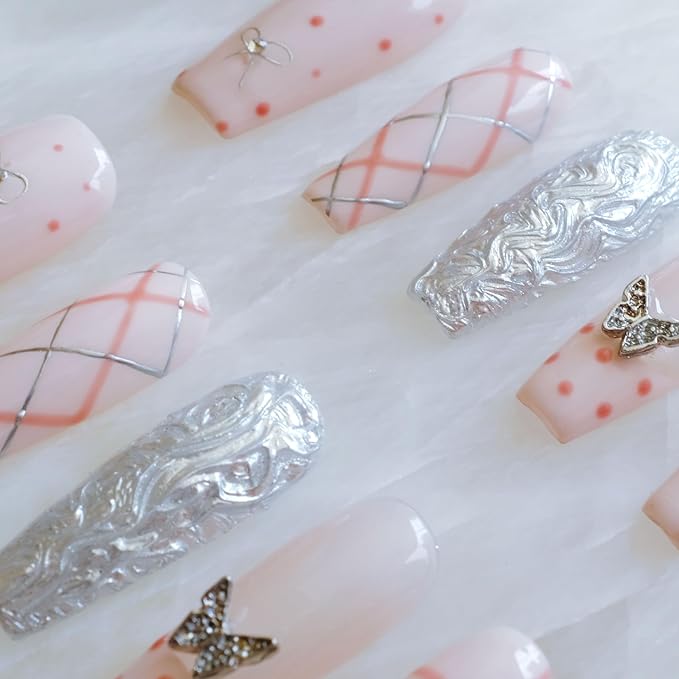 Press-on Nails, Long Ballerina Style, Pink with 3D Silver Butterfly and Bow Design, Handmade False Nail 10 Pieces (Small, LB)