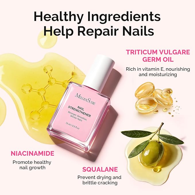 MelodySusie Nail Strengthener and Growth Treatment, 2-in-1 Ridge Filling Base Coat & Glossy Concealer Polish for Damaged Nail Repair and Healthy Shine,Gifts for Women 15ml 0.5 Fl Oz Pink