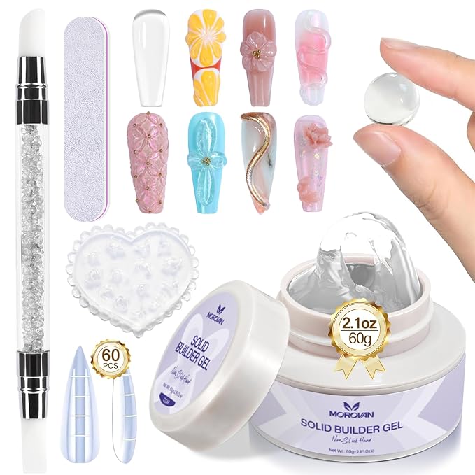 Morovan Solid Builder Nail Gel: 60g Large Capacity Nail Builder Gel for 3D Sculpting Non-Sticky Hard Gels for Nails Extension Carving Soak Off UV LED Salon Home DlY