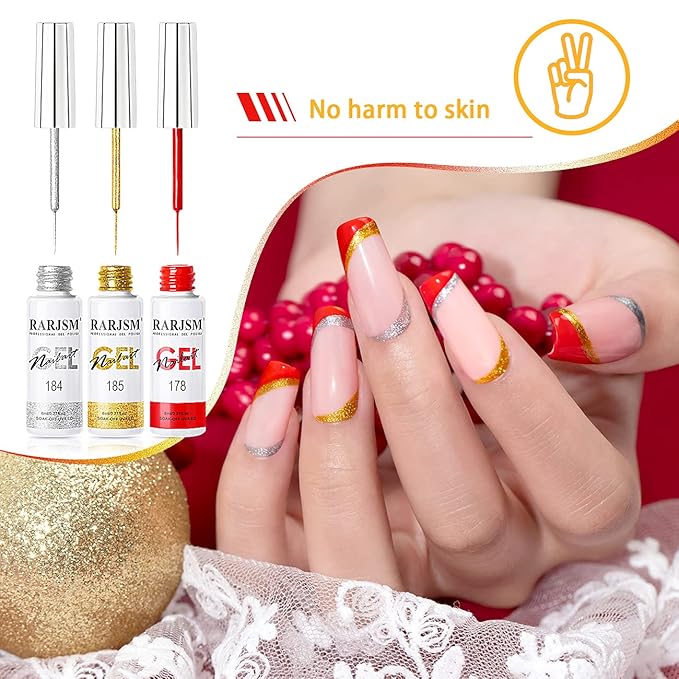 RARJSM Painting Drawing Liner Pen Gel Nail Polish Set,Silver Gold Glitter Dark Green Red White Nail Art Design UV Led Gel Polish Kit,DIY 3D GelNail Paint Pull Line Pen Tool for Nails Manicure