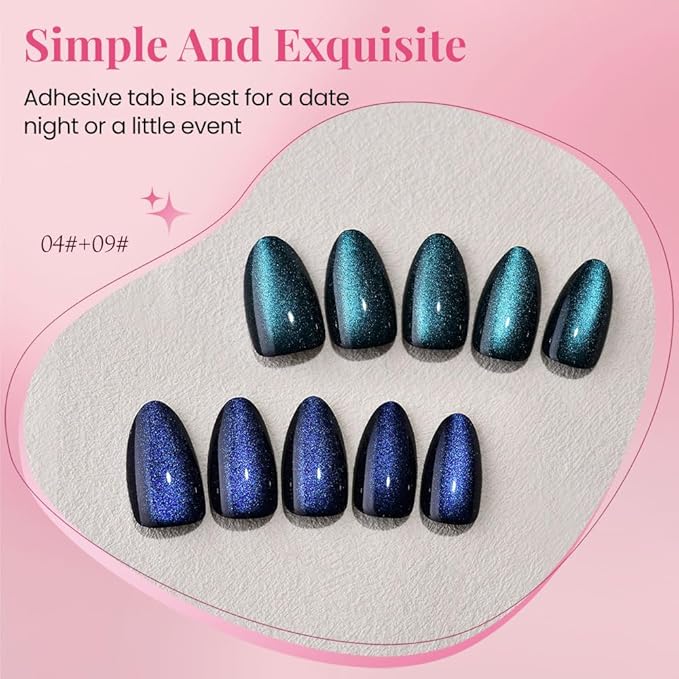 Cat Eye Press on Nails Short Almond, Sapphire Blue & Royal Blue Press on Nails Almond, Fashion Gel Fake Nails, Reusable Acrylic Fake Nails, Glossy Stick on Nails for Women, Glue on Nails Kit.