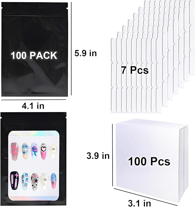 100 PCS Press On Nails Packaging Bag Holographic Nail Storage Bag and 100PCS Shiny White Pearl Card with 7 Sheets Pre-cut Nail Tape (Black)