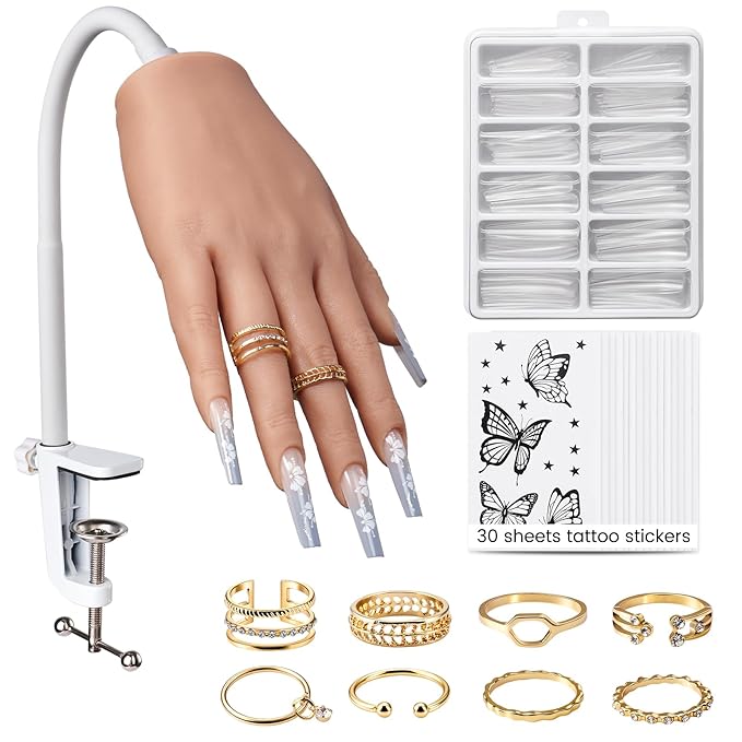 Practice Hand for Acrylic Nails: Silicone Nail Hand Practice with Gold Rings - Flexible Fake Hand Mannequin Nail Hand Kit for Beginners