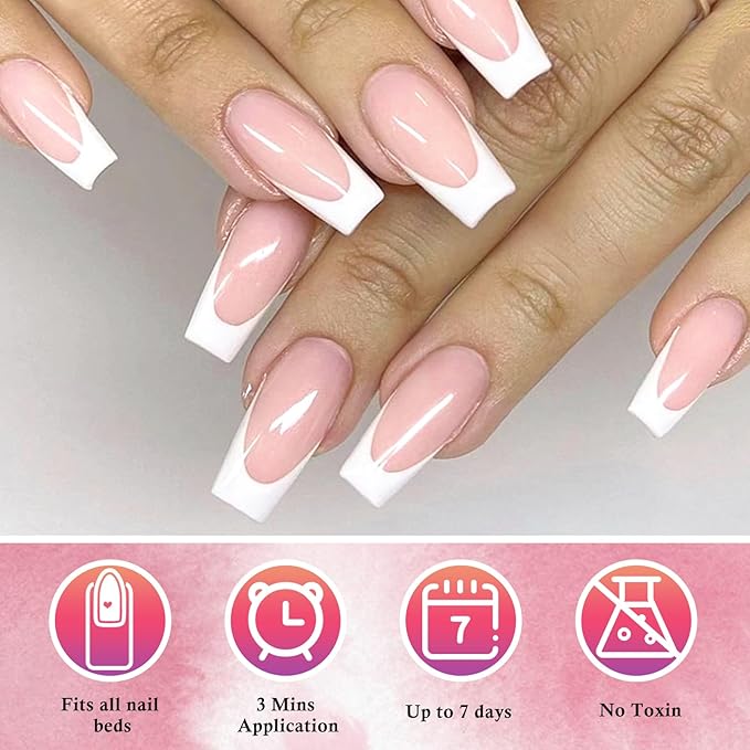 AddFavor 120pcs White French Tip Press on Nails Medium Square Fake Nails Nude False French Tip Nails Press ons Nail Acrylic Artificial Stick Nail with Adhesive Tab for Women Girls