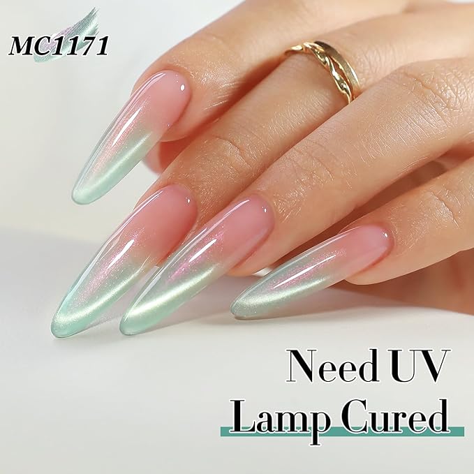 Double Rhythm 0.5 Oz Cat Eye Gel Polish with Magnet Same Color Same Bottle Holographic Glitter Shimmer Translucent Color Salon 15 ML Magnetic Nail Art (Mermaid Green-MC1171)