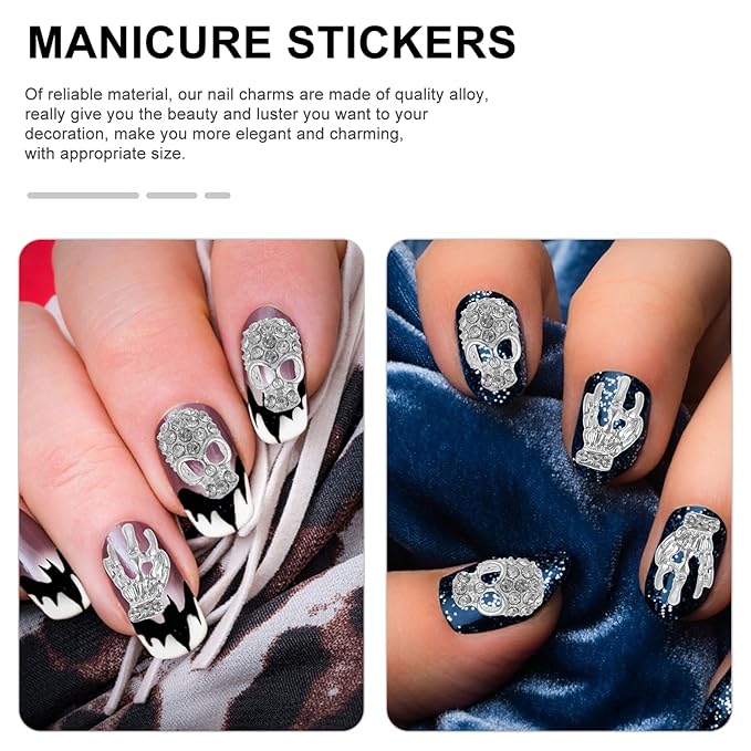 Beaupretty 40pcs Halloween Nail Charms 3D Skull Hand Nail Art Decals Rhinestone Cool Punk Skull Alloy Metal Nail Art Decoration Tips (Silver)