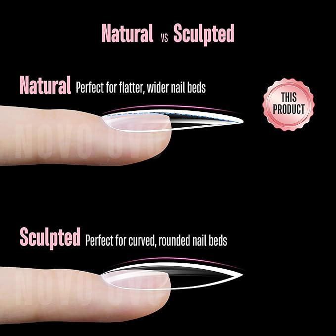 NOVO OVO Long Almond Nail Tips NATURAL (Not SCULPTED) for Flat Nail Beds, Extra Thick L Length False Nails Press on, Full Cover Soft Gel Fake Nail Extension, Salon DIY x 15 Sizes 450 pcs
