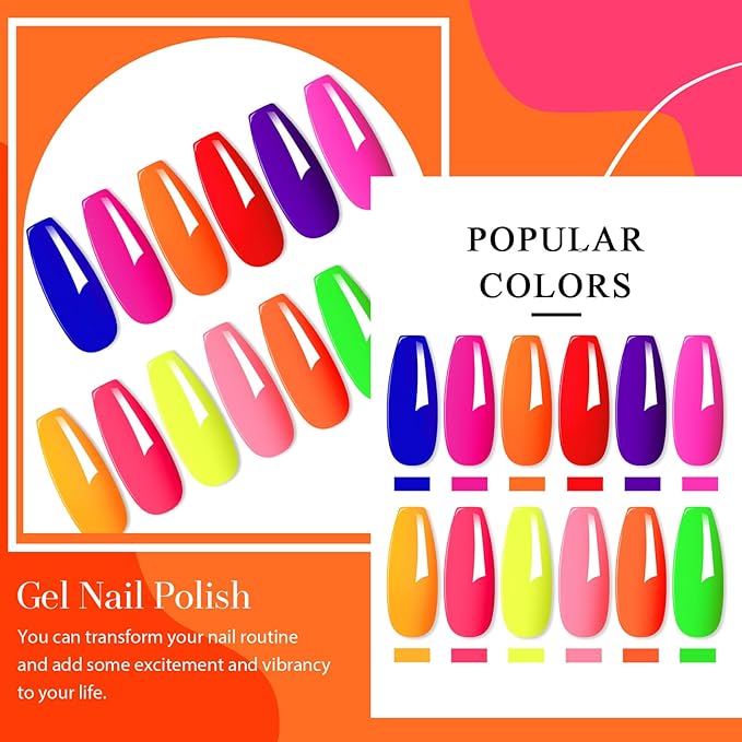 MEET ACROSS 12pcs Gel Nail Polish Set,Soak Off UV LED Lamp Gel Nail Polish Kit,Fashion Shimmer Nail Art Design Gifts for Women Manicure Salon (Neon-1)