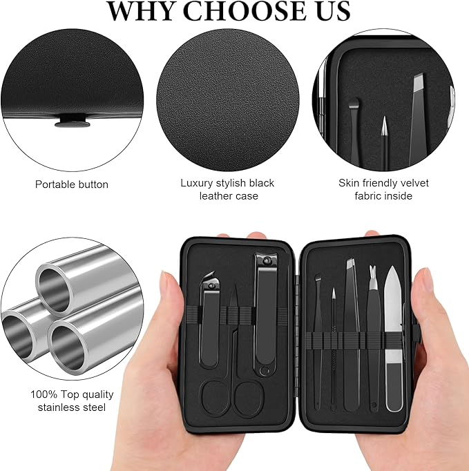 Manicure Set 8pcs Professional Nail Clippers Kit Pedicure Care Tools-Stainless Steel Grooming Tools for Travel (Black)