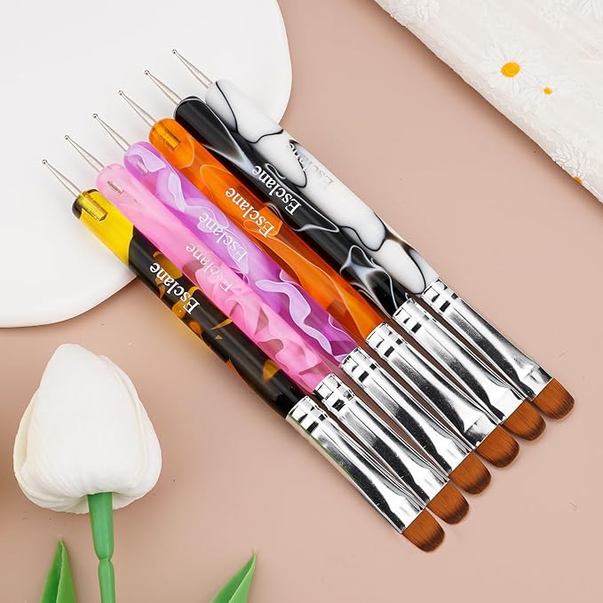 French Manicure Brush, Esclane 2 Way French Nail Brush with Dotting Tool for Manicure Cuticle Clean Up Nail Art Design, French Tip Brush (Yellow, #16)
