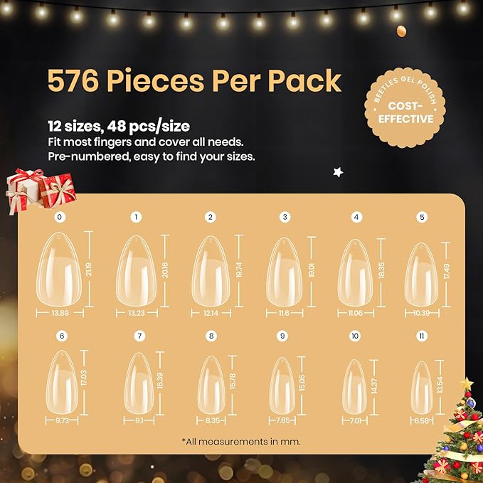 Beetles Gel Nail Tips 576Pcs Pre-shape Short Almond Etch-X Nail Tips,12 Sizes Soft Acrylic False Nail Tips Half Matte Full Cover Easy DIY Press On Nail Extensions Art Salon Gift Set for Women