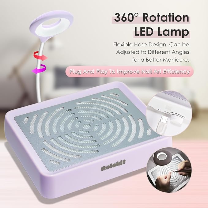 Nail Dust Collector with Lamp&50pcs Disposable Filter&Dusting Brush, Electric Nail Vacuum Cleaner Dust Fan Suction Machine for Manicure Acrylic Gel Nails Polishing, Low Noise, Salon Home (Purple)