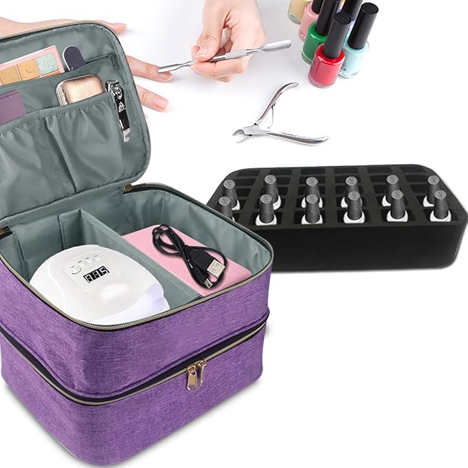 Meichoon Essentials Nail Polish Carrying Organizer 2 Layers Storage Holder Case with Adjustable Bottle Compartment 30 Bottles of Gel lamp and Manicure Tools Large Makeup Bag Travel Purple