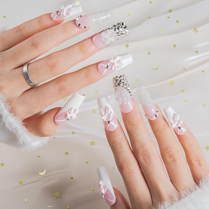 LOVFUL Short French Tip Press on Nails Ribbon Dream | Handmade Acrylic Press ons| Reusable Fake False Nails | Square Classic Regular 1.3in | H720-S