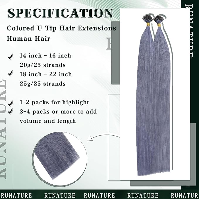 RUNATURE U Tip Hair Extensions Human Hair for Women 16 Inch Light Gray Blue Hair Extensions for Highlight Party Colored Invisible U Tip Extensions Hot Fusion 20g 25s