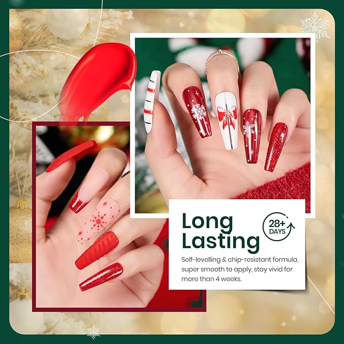 beetles Gel Polish Set - Stain Carol Collection, Sparkling Red Green White Glitter Nail Kit, Soak Off UV LED Gel Polish Gift for Women with Nail Strengthener Gel