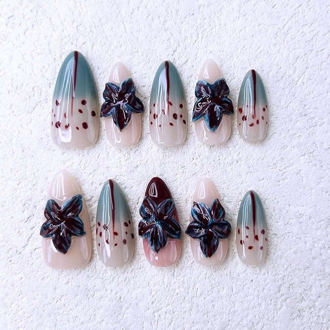 10 Pcs Handmade Almond Press on Nails Medium French Tip False Nails with Glue,3D Flower Bloodstain Gradient Glossy Designs Stick on Nails Full Cover Artificial Acrylic Glue on Nail for Women (S）