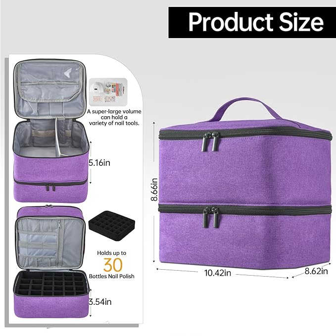 Buruis Double-Layer Nail Polish Organizer Bag, Holds 27 Bottles (15ML/0.5 FL.OZ or Larger), Nail Tools & Dryer Storage Case with Adjustable Dividers (Purple)