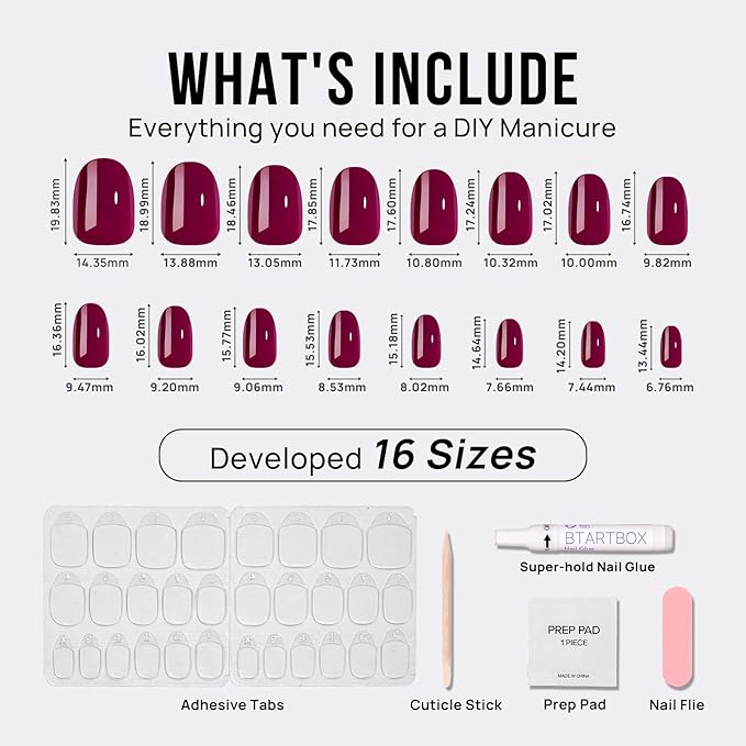 BTArtbox Press On Nails Short - Valentines Press on Nails Red Short Oval Nails Fake Nail with Nail Glue, Fit Perfectly, Reusable Stick On Nails in 16 Sizes, 30 Nail Kit, Grape