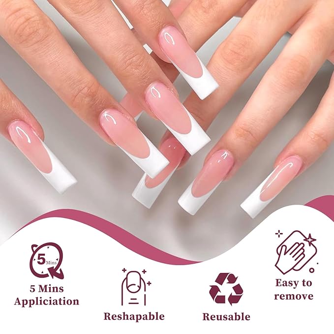 120PC White French Tip Press on Nails Long Fake Nails Press ons with 5*Adhesive Tabs, Pink Square Acrylic Nail Press on Nail French Tip Nails False Artificial Fingernails Stick on Nails-B