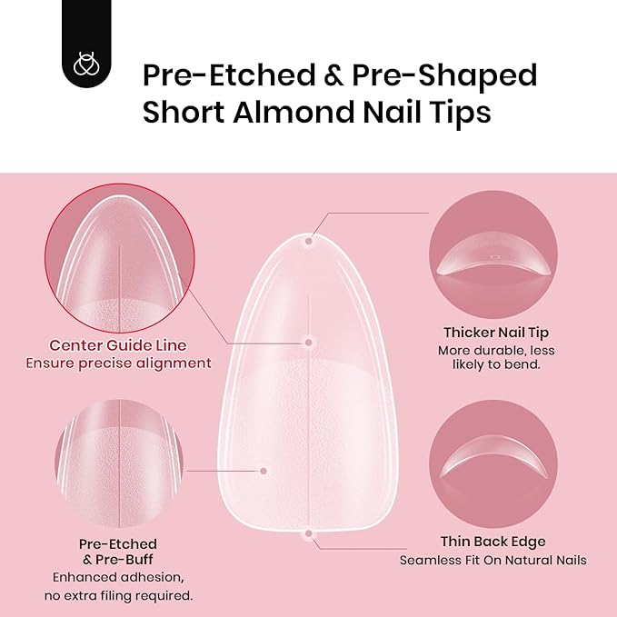 Beetles Short Almond Nail Tips - 288PCS 12 Sizes Full Matte Cover Pre-Etched & Pre-Shaped Soft Gel False Nail Tips Acrylic Nail Tips Nail Extension Tips for Gel Polish DIY Manicure