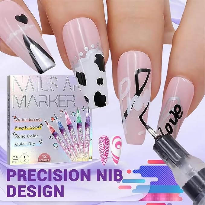 12 Colors Nail Art Pens Set，0.05mm NailPolish Pens, 3D Markers Polish Pen Sets Quickly Dotting Drawing Painting Liner Brush for Art Design DIY Manicure Supplies