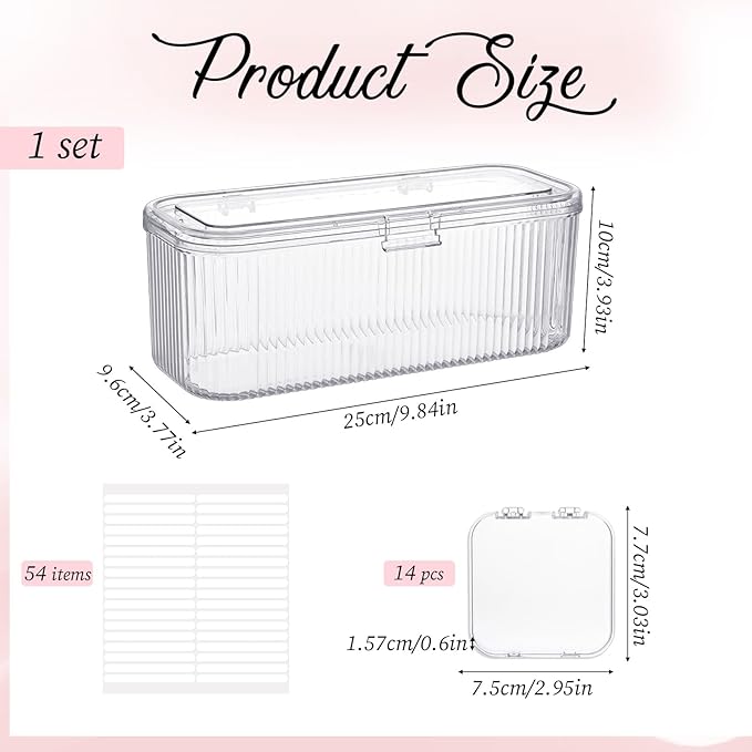 Press On Nail Packaging Box 14 PCS Clear Press On Nail Storage Boxes and 1 Big Storage Box with 54 Pcs Adhesive Double Sided Tape, Acrylic Nails Display Case Independent Packaging Dustproof