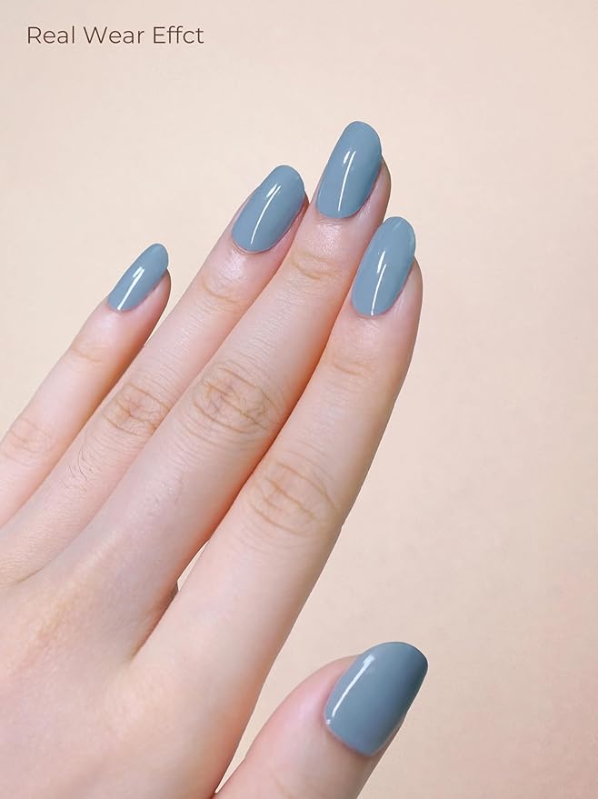 Pre Cured Gel Nail Strips - 44PCS Salon Quality Gel Nail Stickers - Long Lasting Polish Wraps for Women no UV Light Needed Easy Apply& Remove (Moss Blue)