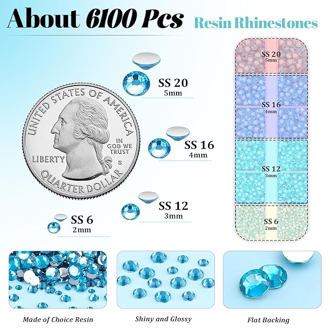 6100Pcs Resin Rhinestones for Crafting with 2Pcs 10ml B7000 Jewelry Glue, 1 Box Flatback Crystals Diamond (Indicolite) for Bedazzling Crafts DIY Nail Art Non Hotfix Gems for Clothing Shoes