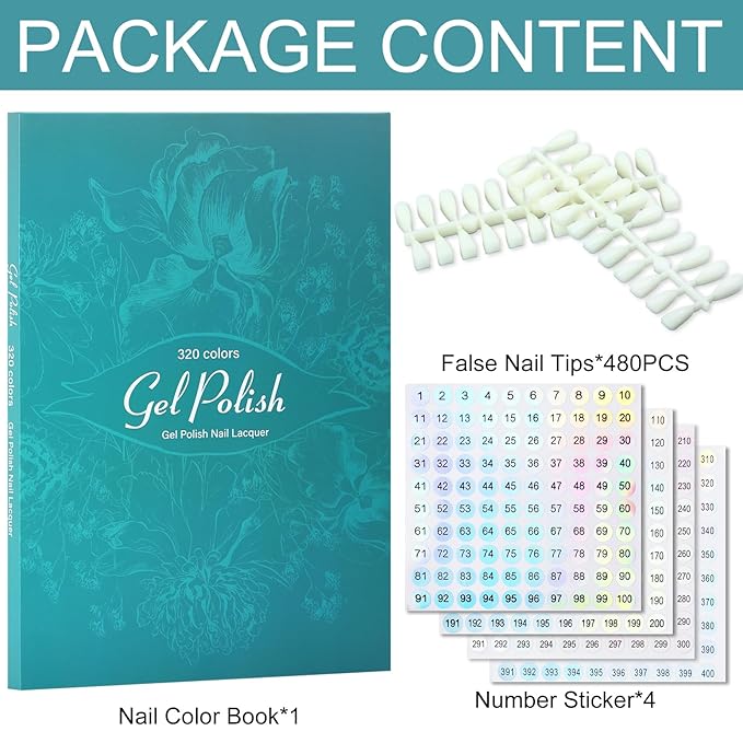 320 Nail Color Book,with 480 False Tips & 1-400 Number Labels,Professional Nail Color Swatches Book for UV Gel Polish Nails Art Design(Green)