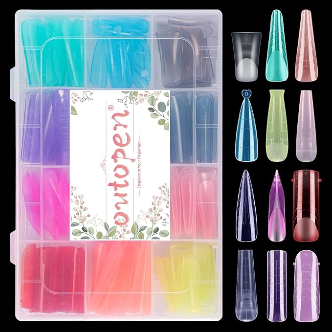 288pcs Long Mixed Dual Nail Forms Clear Multicolor Full Cover Nail Art Mold with Scale for Polygel Extension Beginners DIY Manicure 12 Styles Long Duck Stiletto Square Almond Mixed Nail Forms