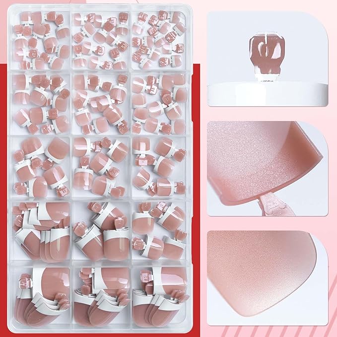 150pc White French Tips Press on Toenails Women Fake Toenail with Glue Tab, Brown Toe Nail Press ons Nails Short Square Fake Toe Nail Tips French Glue on Toenails False Acrylic Toes Nails Kit