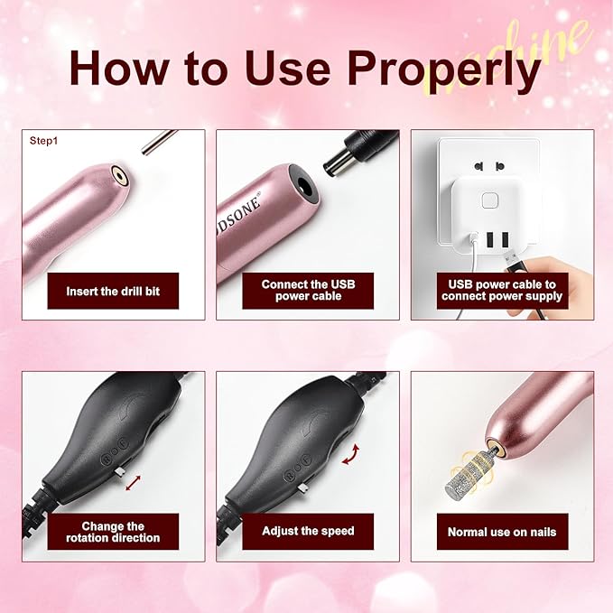 JODSONE Electric USB Nail Drill for Acrylic and Gel 14000RPM Portable Nail File Efile Set with Nail Drill Bits Sanding Bands Pink