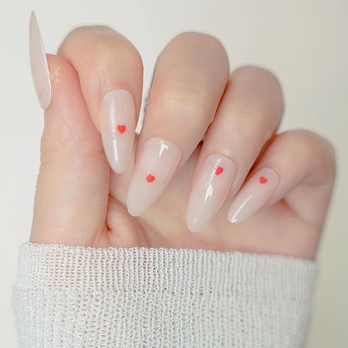 30Pcs Almond Press On Nails - Supremely Fit & Natural Soft Gel Almond Nails,15 Sizes, Reusable Fake Nails Kit with Gift Box for Women (Pink Heart)