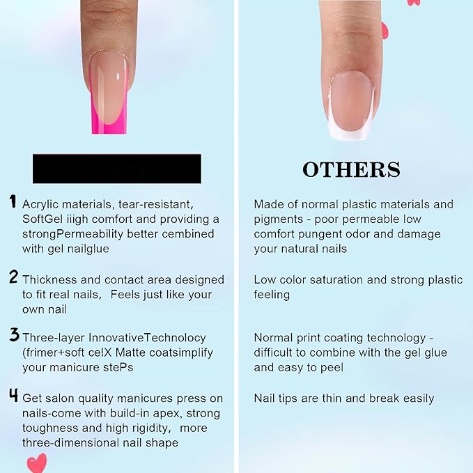 150pcs Long French Tip Press on Nails, 5 Styles Soft Square French Gel Nail Tips 15Sizes, Pre-lasting No Need to File Acrylic Fake Nail Tips, False Nail Tips Extension for Women Nails