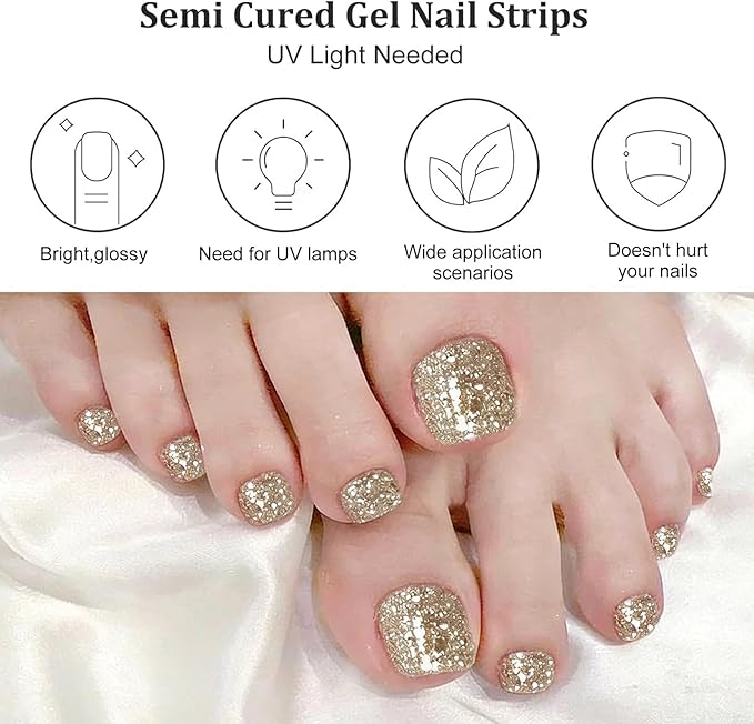 26 Pcs Semi Cured Gel Toe Nail Strips Gold Glitter Gel Nail Stickers Full Cover Glitter Nails Wraps Self Adhesive Toe Nails Polish Strips Stickers for Women UV/LED Light Required