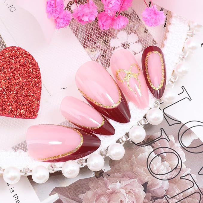 24Pcs Almond Press on Nails Medium French Tip Fake Nails Glitter Gold Bow Glue on Nails Nude Pink Full Cover False Nails Glossy French Acrylic Nails Cute Artificial Stick on Nails for Women Manicure